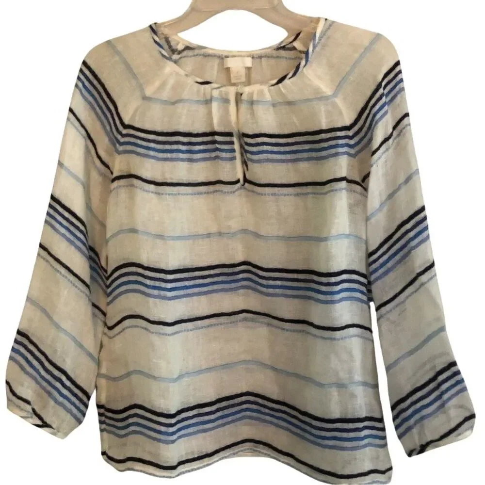 J Crew 100% Linen Peasant Blouse Womens Sz S Sheer Indigo Striped Coastal Beach
